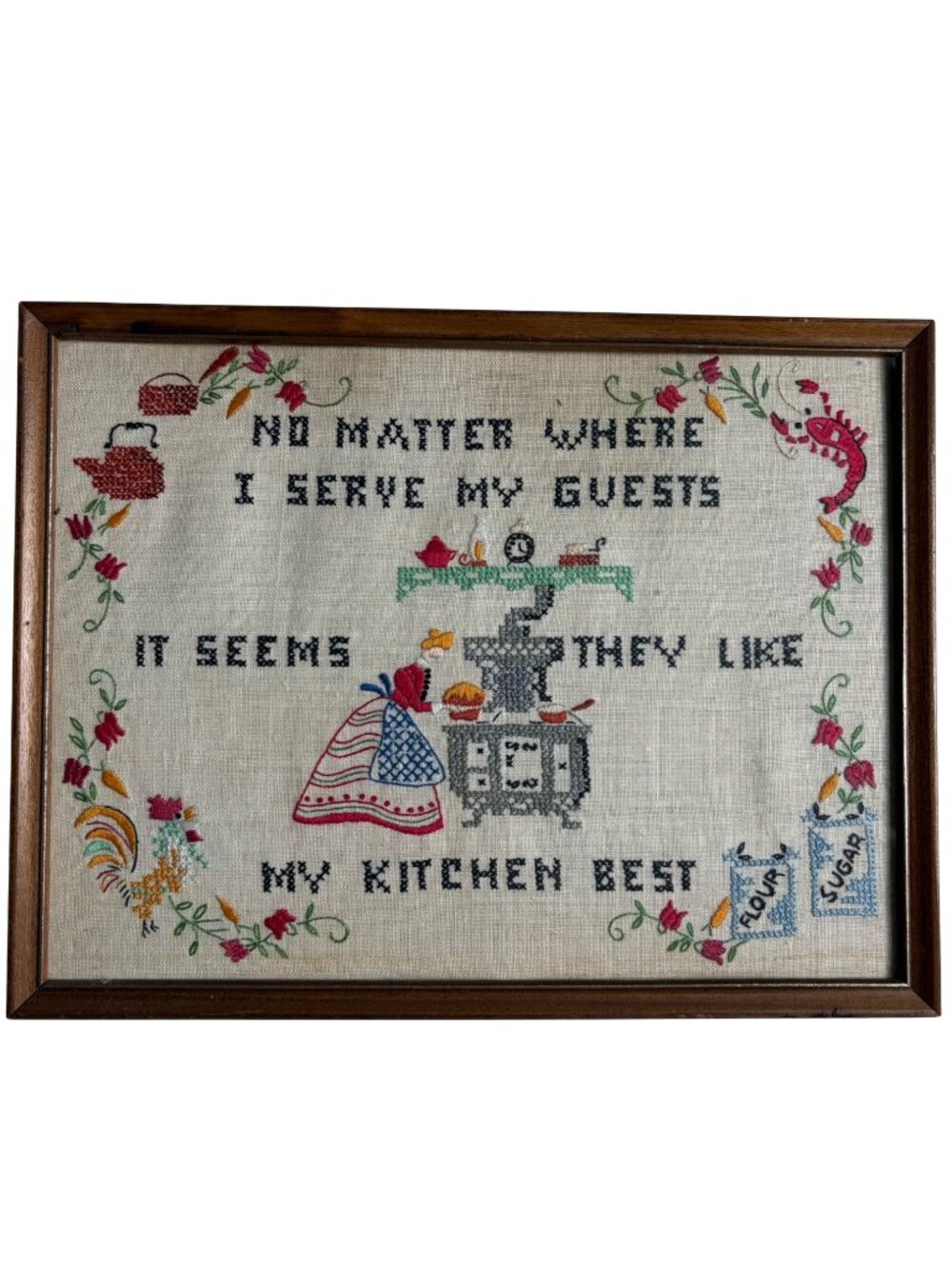 Vintage Framed Kitchen Needlework Cross Stitch Art Farmhouse Primitive Rustic